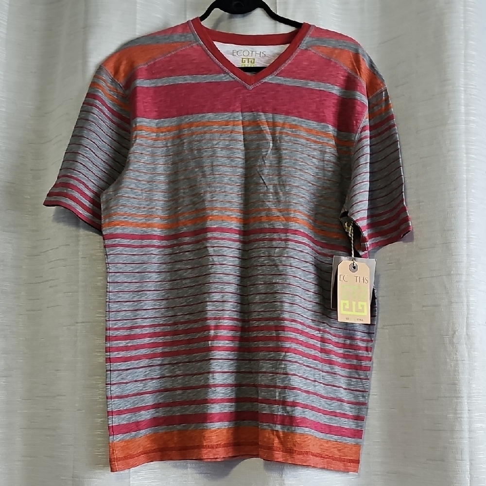 Ecoths Striped V-Neck T-Shirt - Red and Gray